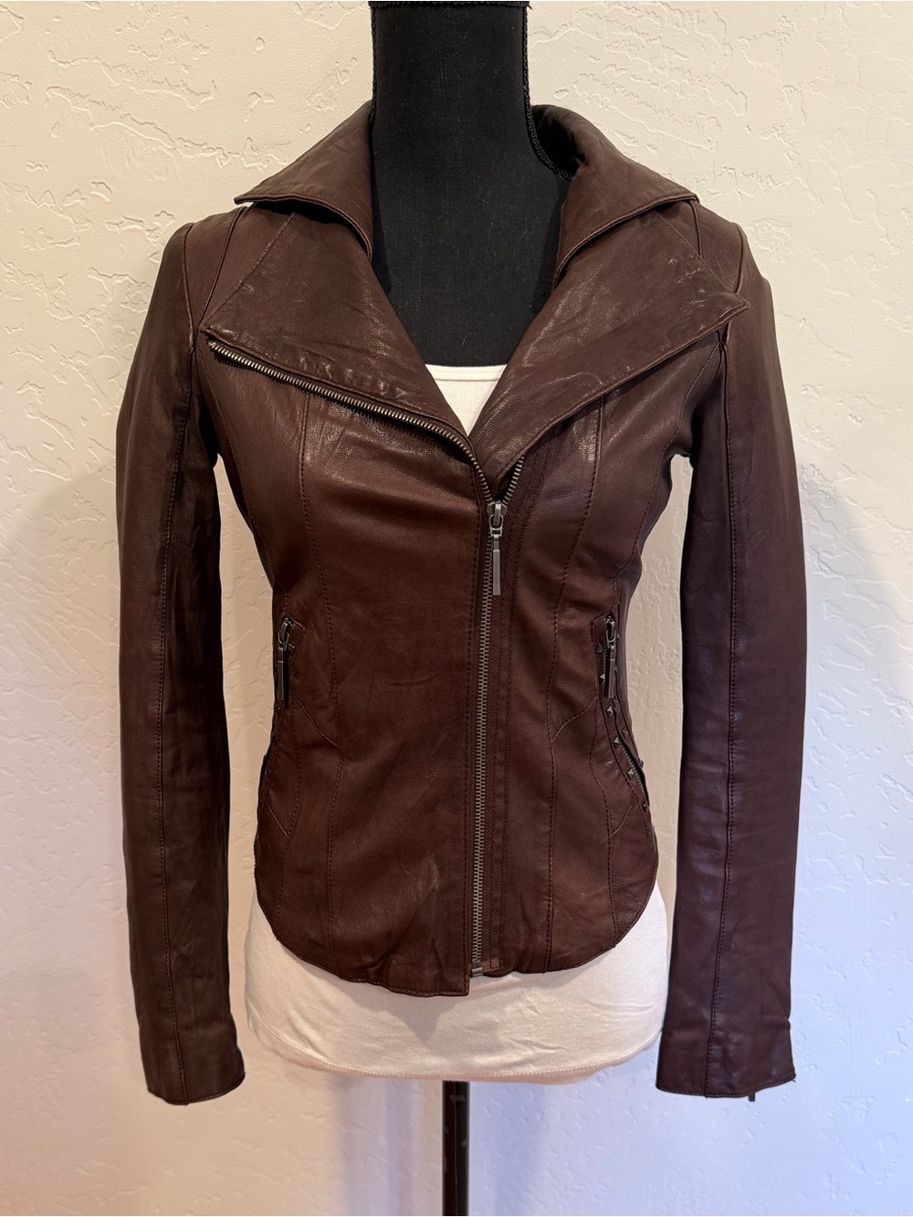 Bernardo Chocolate Brown Leather moto Zip Jacket